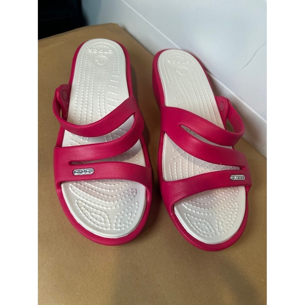Crocs Patricia Wedge Sandals Womens 9 Pink White Triple Strap Slip On 204005 - Picture 6 of 6